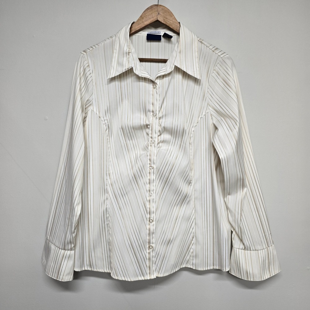 Cotton Express Pinstripe Button Down Shirt Women 2X White Gold Stretch Office